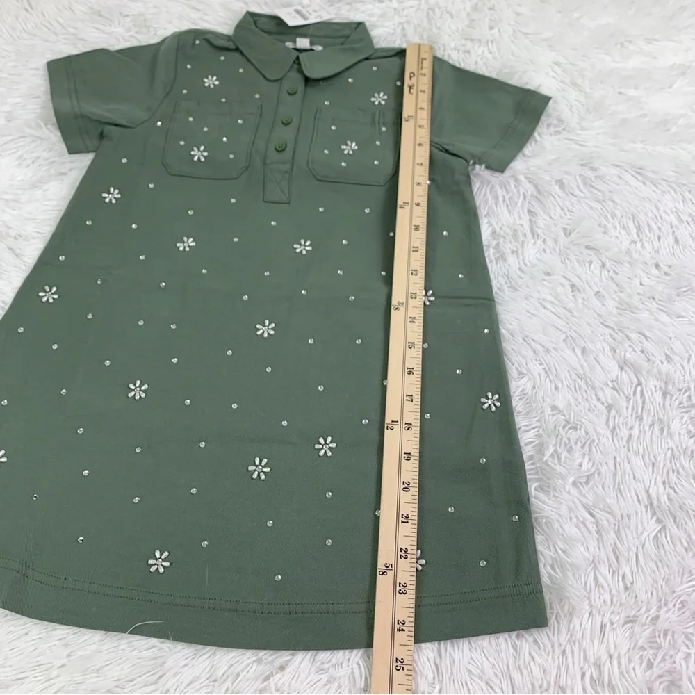 Crewcuts‎ NWT Girls' flower-embellished shirt-dress in twill olive green